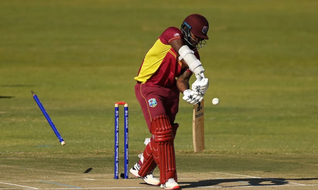 Kyle Mayers is bowled comprehensively  by Chris Sole